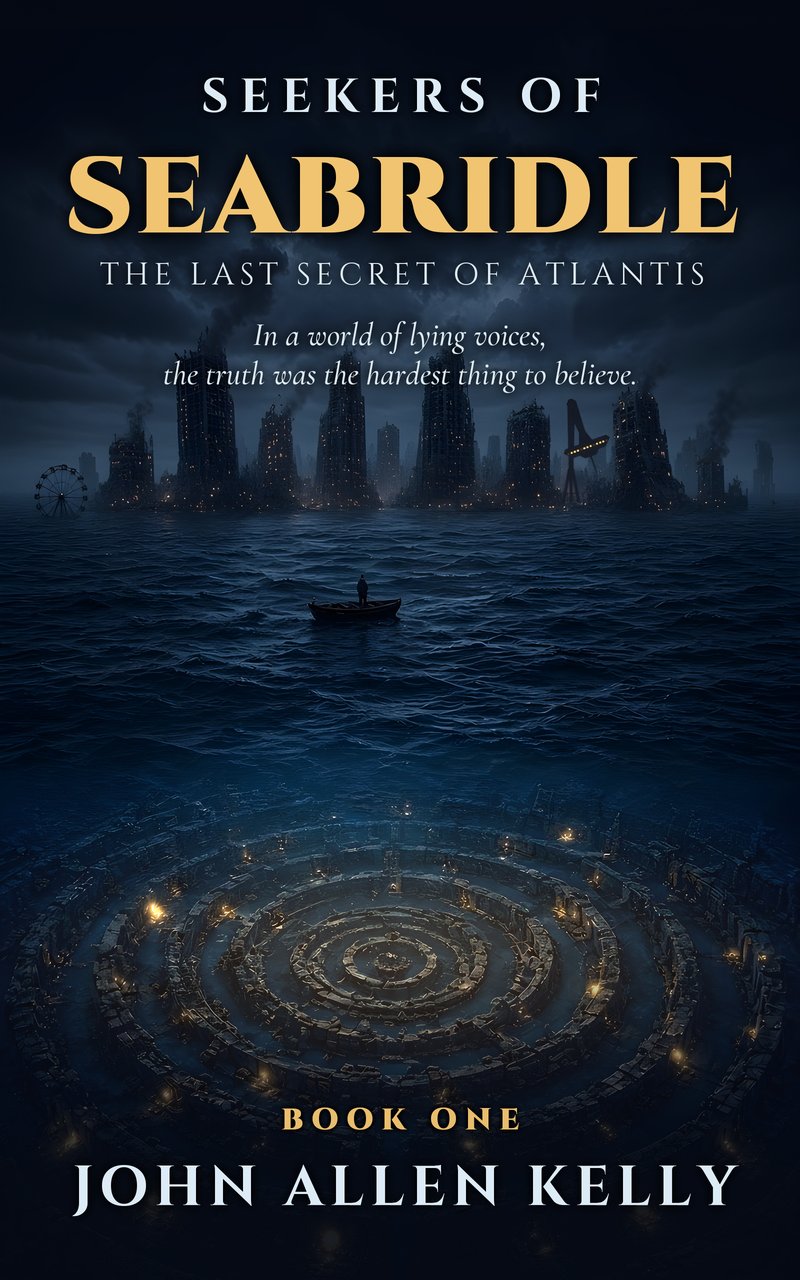 Seekers of Seabridle book cover: a lone rowboat before a drowned city skyline at night